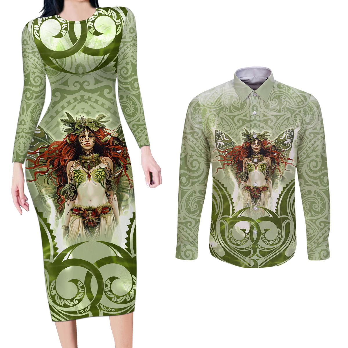 New Zealand Maori Fairy Patupaiarehe Couples Matching Long Sleeve Bodycon Dress and Long Sleeve Button Shirt Polynesian Style LT05 Red - Polynesian Pride