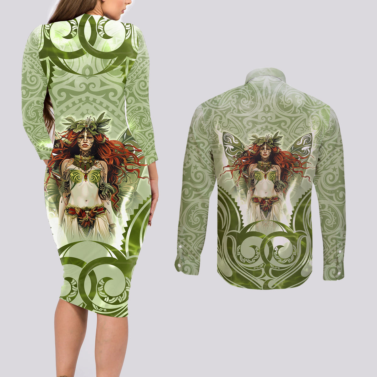 New Zealand Maori Fairy Patupaiarehe Couples Matching Long Sleeve Bodycon Dress and Long Sleeve Button Shirt Polynesian Style LT05 - Polynesian Pride