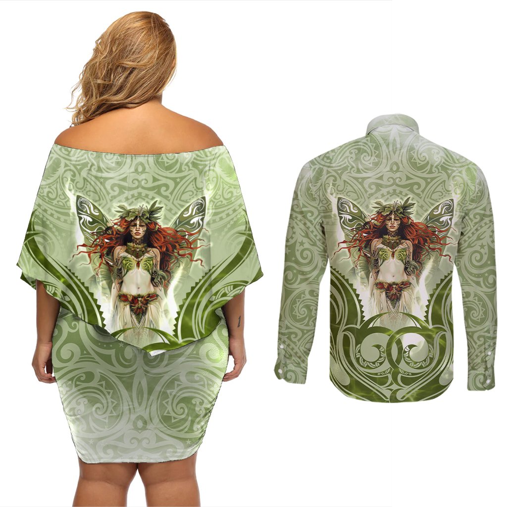 New Zealand Maori Fairy Patupaiarehe Couples Matching Off Shoulder Short Dress and Long Sleeve Button Shirt Polynesian Style LT05 - Polynesian Pride