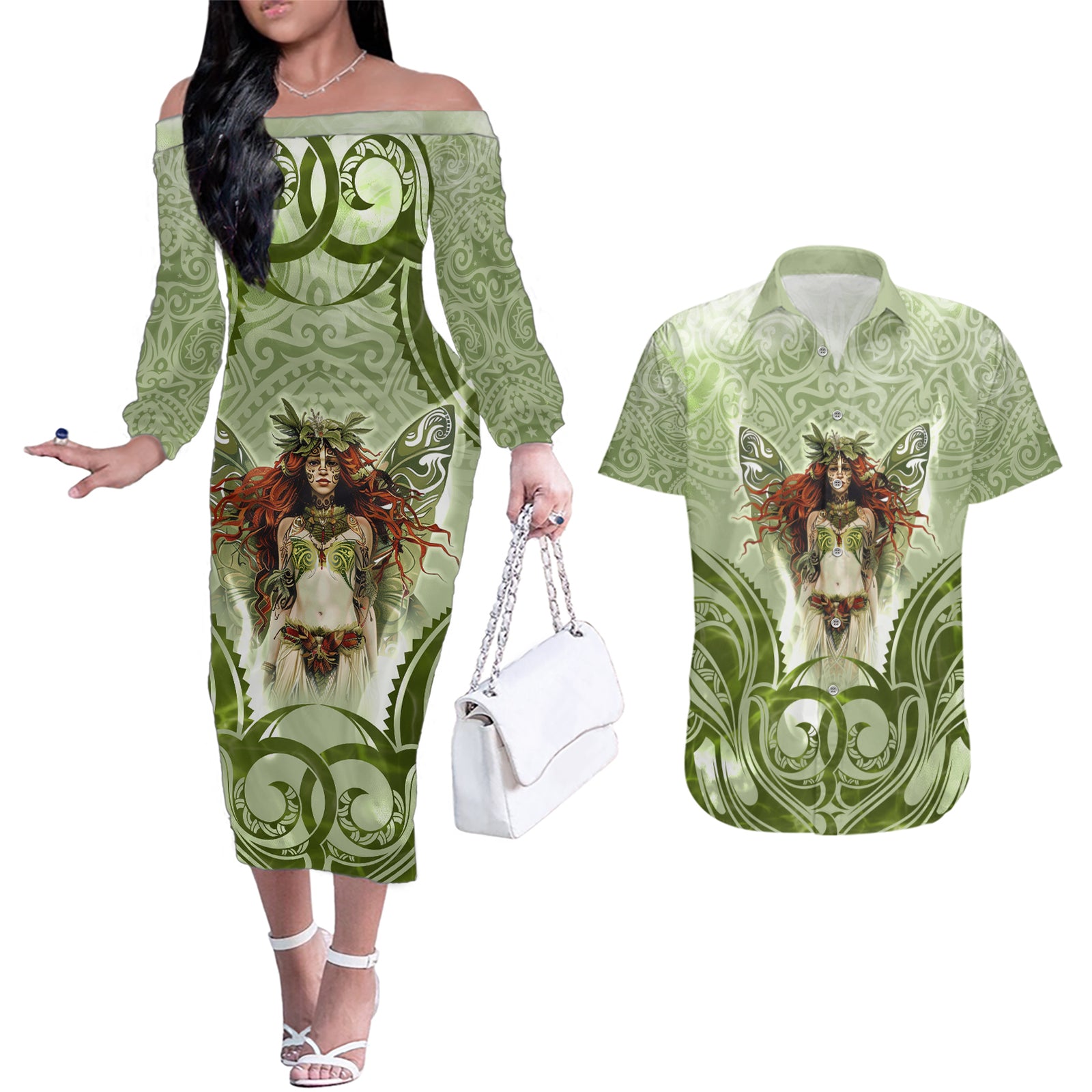 New Zealand Maori Fairy Patupaiarehe Couples Matching Off The Shoulder Long Sleeve Dress and Hawaiian Shirt Polynesian Style LT05 Red - Polynesian Pride