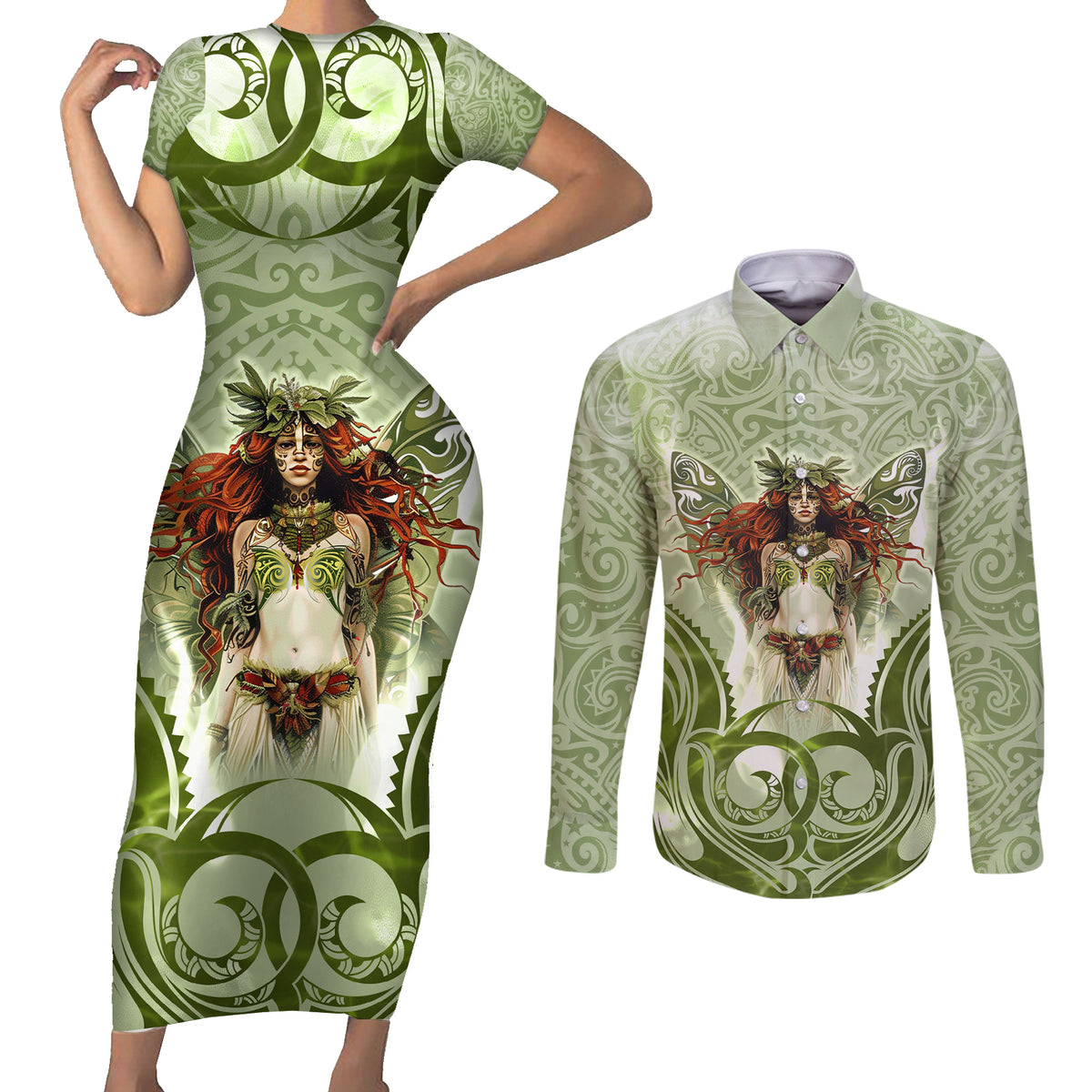 New Zealand Maori Fairy Patupaiarehe Couples Matching Short Sleeve Bodycon Dress and Long Sleeve Button Shirt Polynesian Style LT05 Red - Polynesian Pride