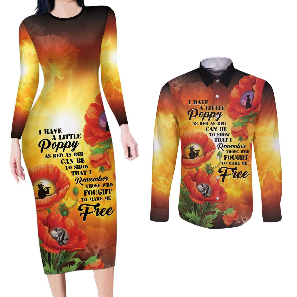 ANZAC Day Red Poppy Couples Matching Long Sleeve Bodycon Dress and Long Sleeve Button Shirt Honoring The ANZAC Spirit