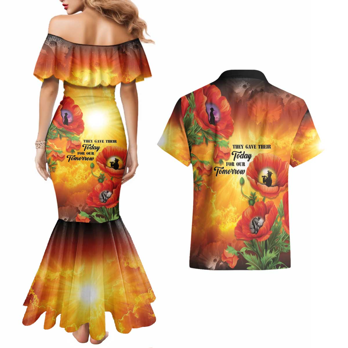 ANZAC Day Red Poppy Couples Matching Mermaid Dress and Hawaiian Shirt Honoring The ANZAC Spirit