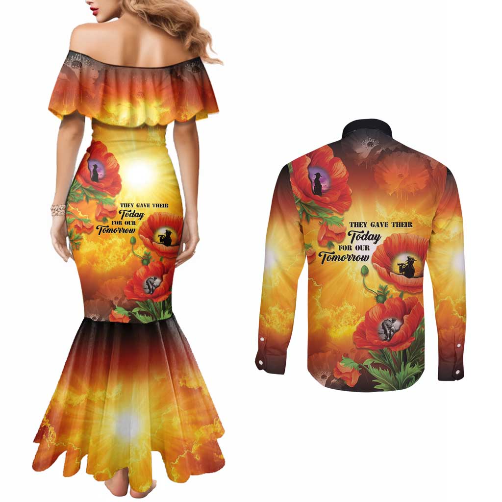 ANZAC Day Red Poppy Couples Matching Mermaid Dress and Long Sleeve Button Shirt Honoring The ANZAC Spirit