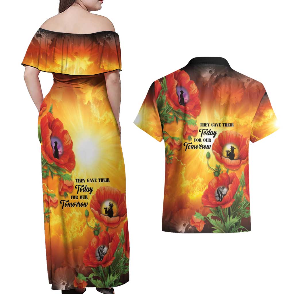 ANZAC Day Red Poppy Couples Matching Off Shoulder Maxi Dress and Hawaiian Shirt Honoring The ANZAC Spirit