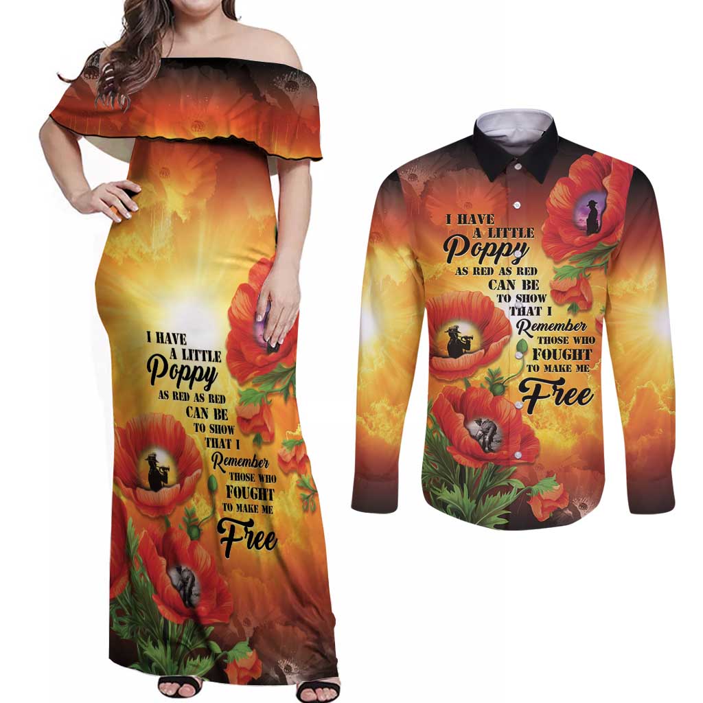 ANZAC Day Red Poppy Couples Matching Off Shoulder Maxi Dress and Long Sleeve Button Shirt Honoring The ANZAC Spirit