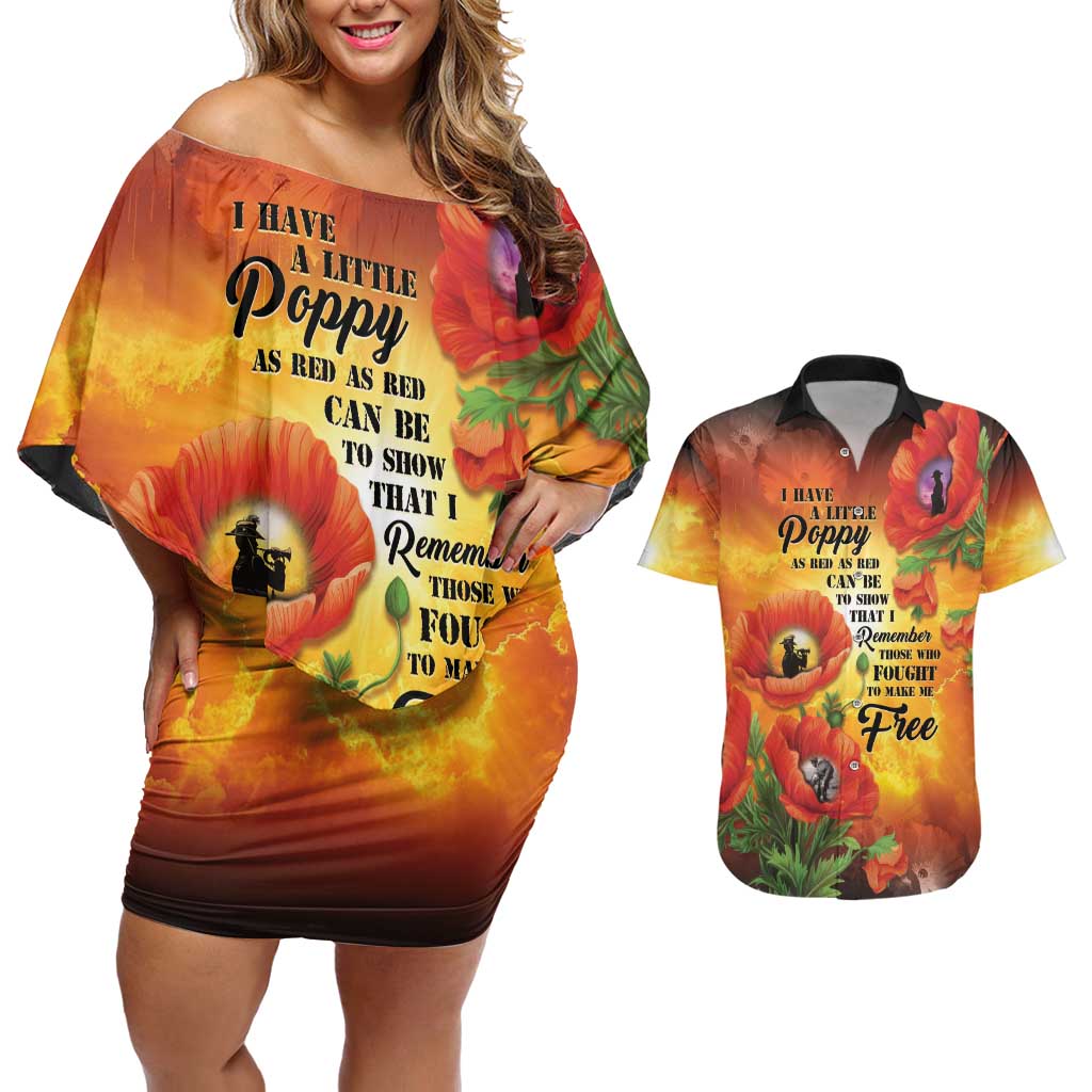 ANZAC Day Red Poppy Couples Matching Off Shoulder Short Dress and Hawaiian Shirt Honoring The ANZAC Spirit