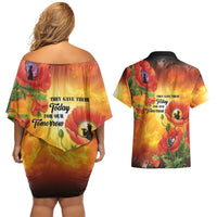 ANZAC Day Red Poppy Couples Matching Off Shoulder Short Dress and Hawaiian Shirt Honoring The ANZAC Spirit