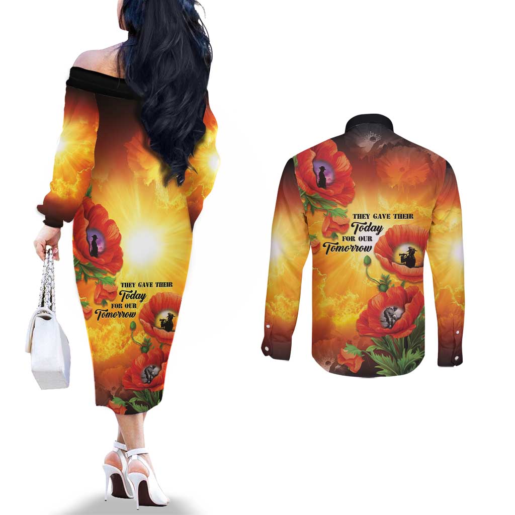 ANZAC Day Red Poppy Couples Matching Off The Shoulder Long Sleeve Dress and Long Sleeve Button Shirt Honoring The ANZAC Spirit