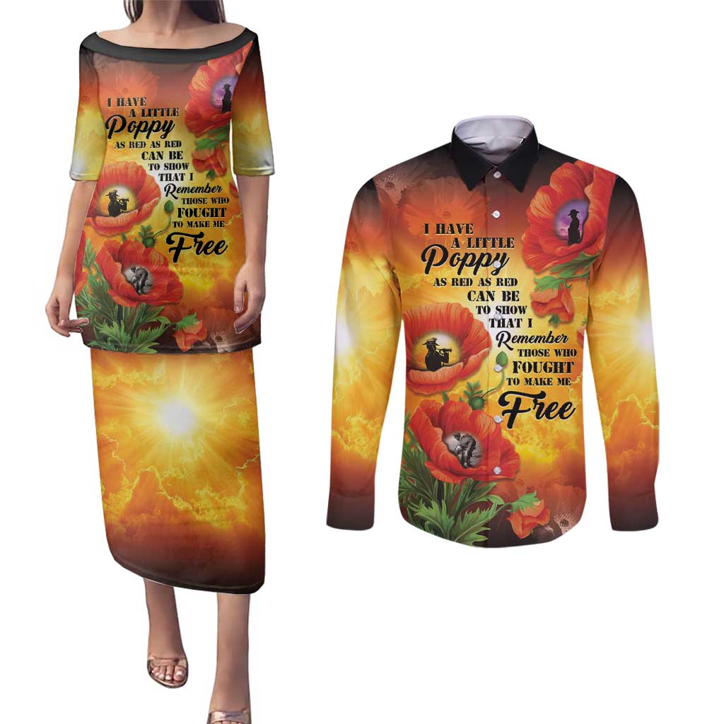 ANZAC Day Red Poppy Couples Matching Puletasi and Long Sleeve Button Shirt Honoring The ANZAC Spirit