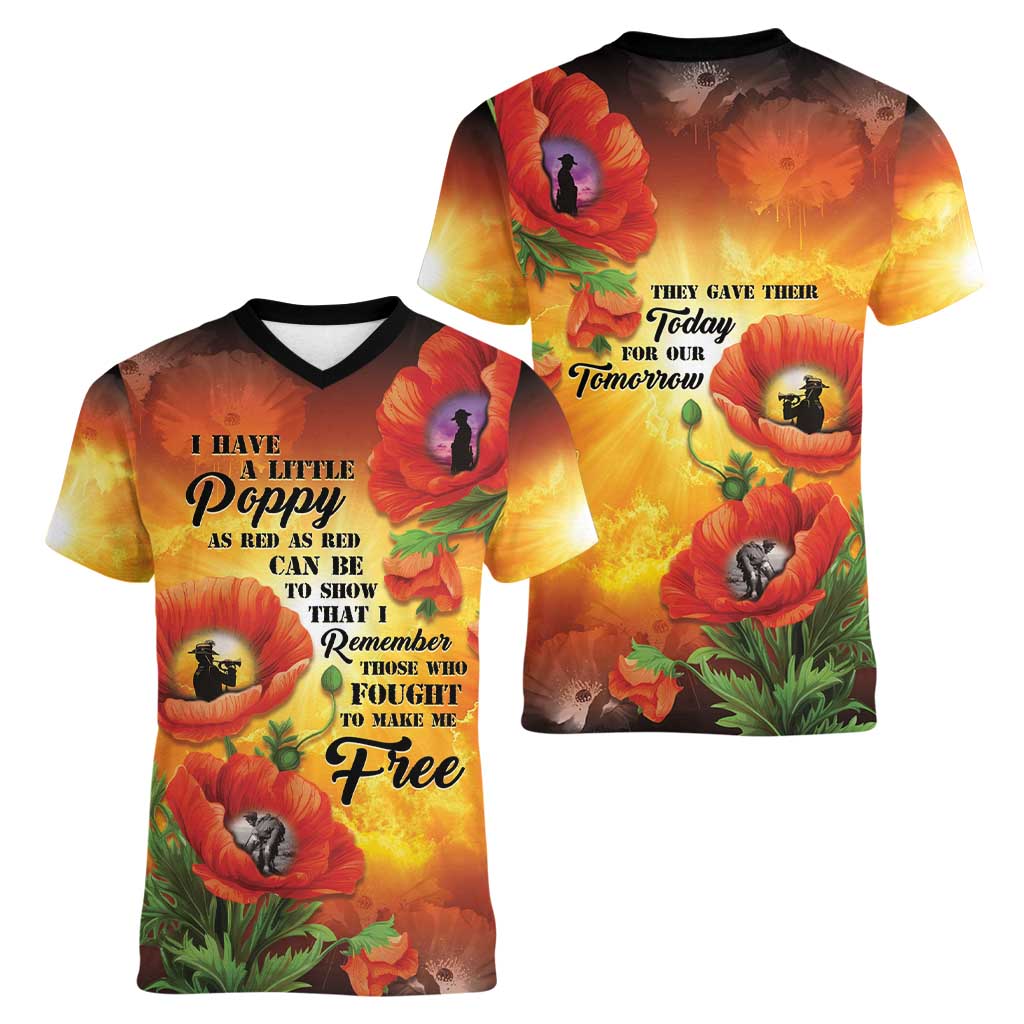 ANZAC Day Red Poppy Women V-Neck T-Shirt Honoring The ANZAC Spirit