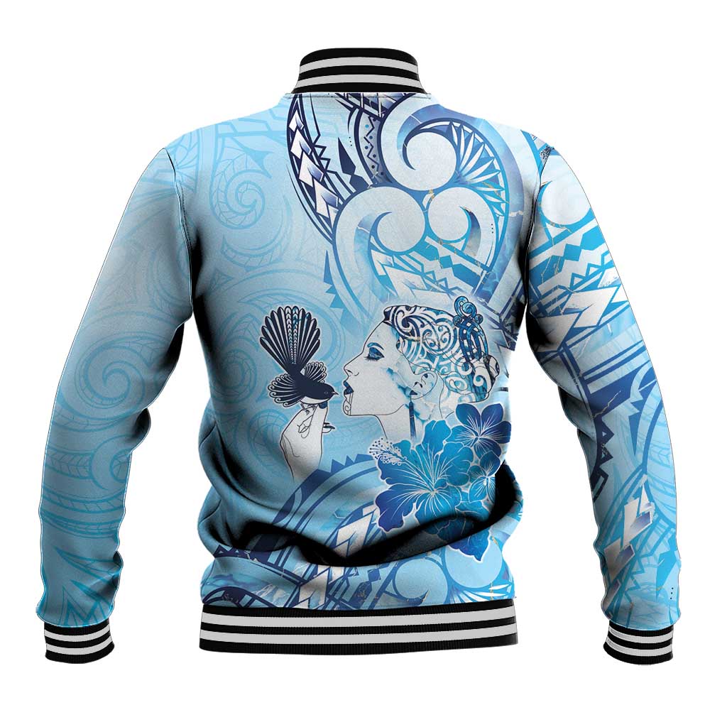 Aotearoa Maori Wahine Baseball Jacket Fantail Bird Blue Gold Marble