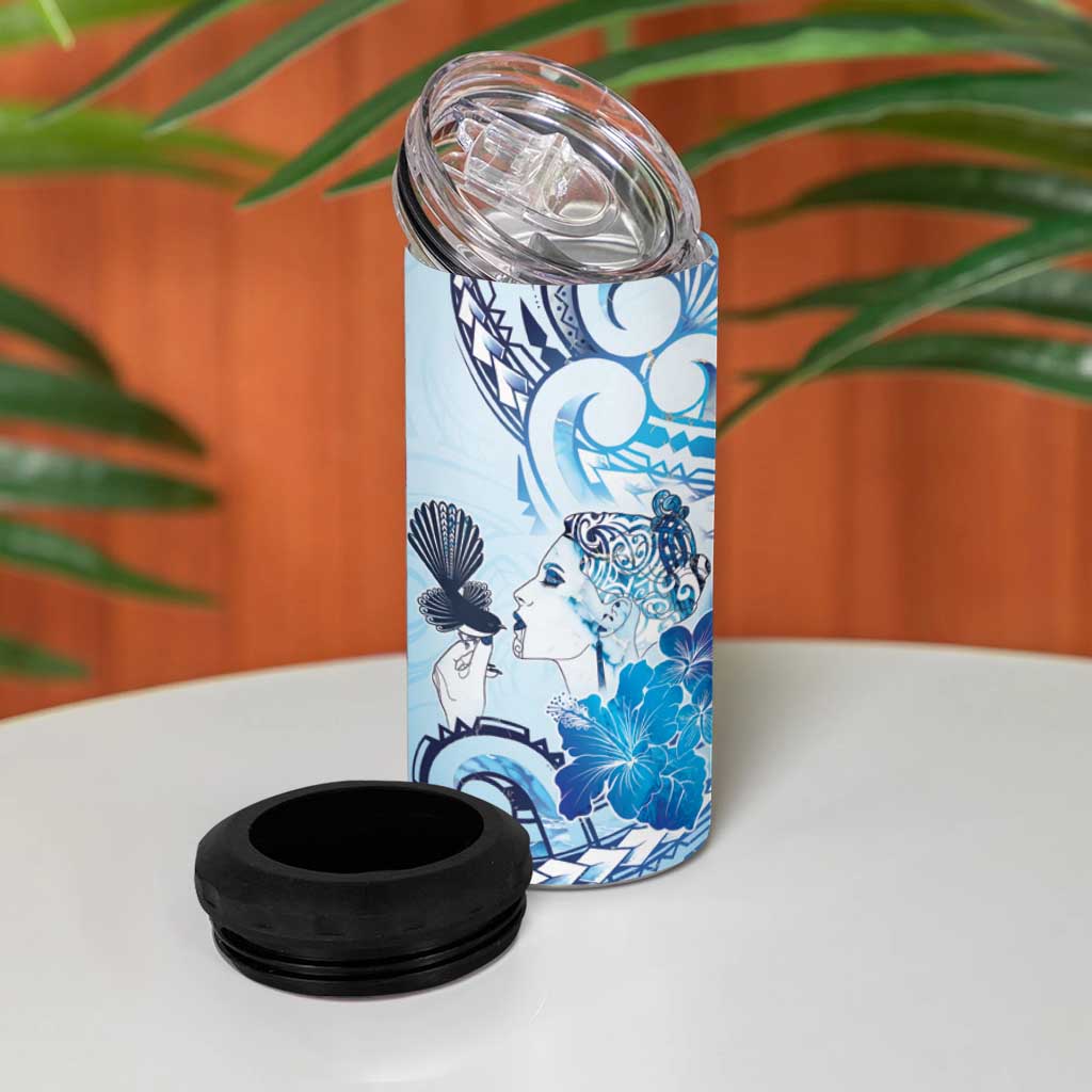 Aotearoa Maori Wahine 4 in 1 Can Cooler Tumbler Fantail Bird Blue Gold Marble LT05 - Polynesian Pride
