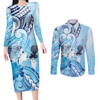 Aotearoa Maori Wahine Couples Matching Long Sleeve Bodycon Dress and Long Sleeve Button Shirt Fantail Bird Blue Gold Marble