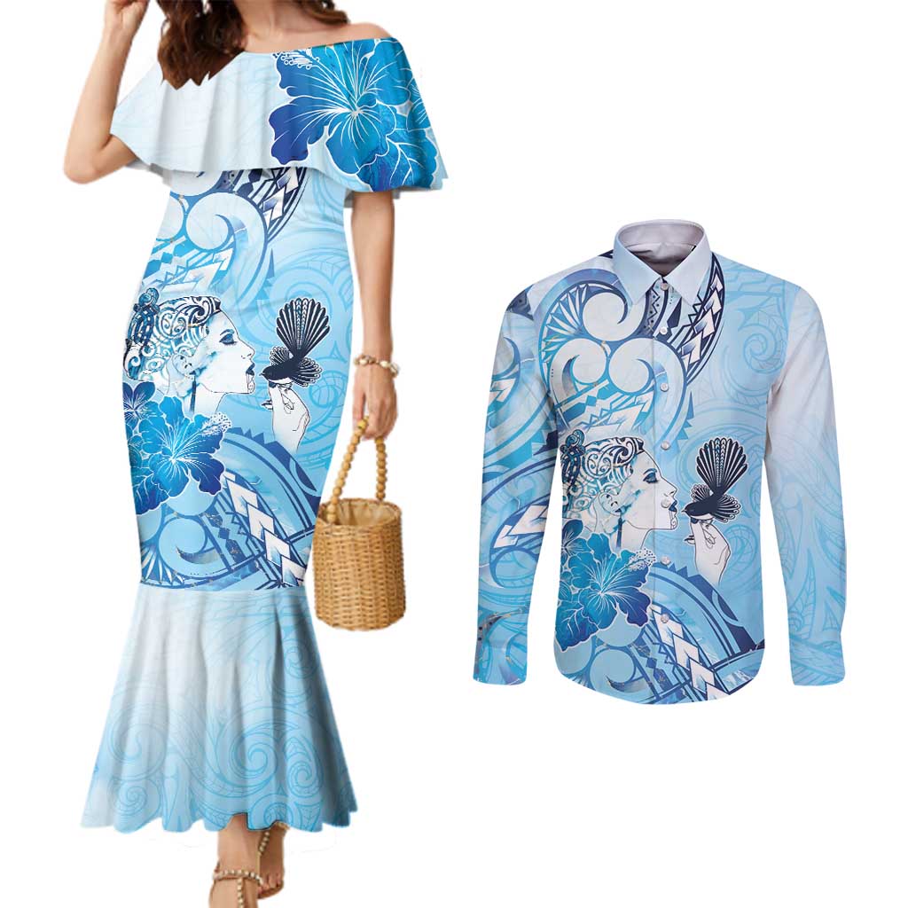Aotearoa Maori Wahine Couples Matching Mermaid Dress and Long Sleeve Button Shirt Fantail Bird Blue Gold Marble