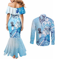 Aotearoa Maori Wahine Couples Matching Mermaid Dress and Long Sleeve Button Shirt Fantail Bird Blue Gold Marble