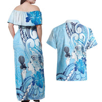 Aotearoa Maori Wahine Couples Matching Off Shoulder Maxi Dress and Hawaiian Shirt Fantail Bird Blue Gold Marble