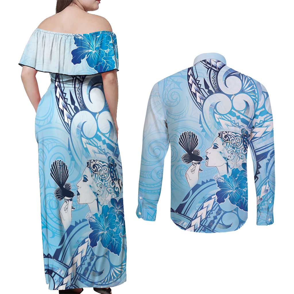 Aotearoa Maori Wahine Couples Matching Off Shoulder Maxi Dress and Long Sleeve Button Shirt Fantail Bird Blue Gold Marble LT05 - Polynesian Pride
