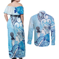 Aotearoa Maori Wahine Couples Matching Off Shoulder Maxi Dress and Long Sleeve Button Shirt Fantail Bird Blue Gold Marble LT05 - Polynesian Pride