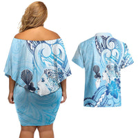 Aotearoa Maori Wahine Couples Matching Off Shoulder Short Dress and Hawaiian Shirt Fantail Bird Blue Gold Marble