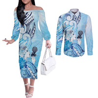 Aotearoa Maori Wahine Couples Matching Off The Shoulder Long Sleeve Dress and Long Sleeve Button Shirt Fantail Bird Blue Gold Marble
