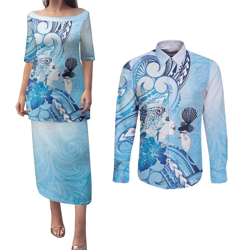Aotearoa Maori Wahine Couples Matching Puletasi and Long Sleeve Button Shirt Fantail Bird Blue Gold Marble LT05 Blue - Polynesian Pride
