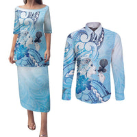 Aotearoa Maori Wahine Couples Matching Puletasi and Long Sleeve Button Shirt Fantail Bird Blue Gold Marble LT05 Blue - Polynesian Pride