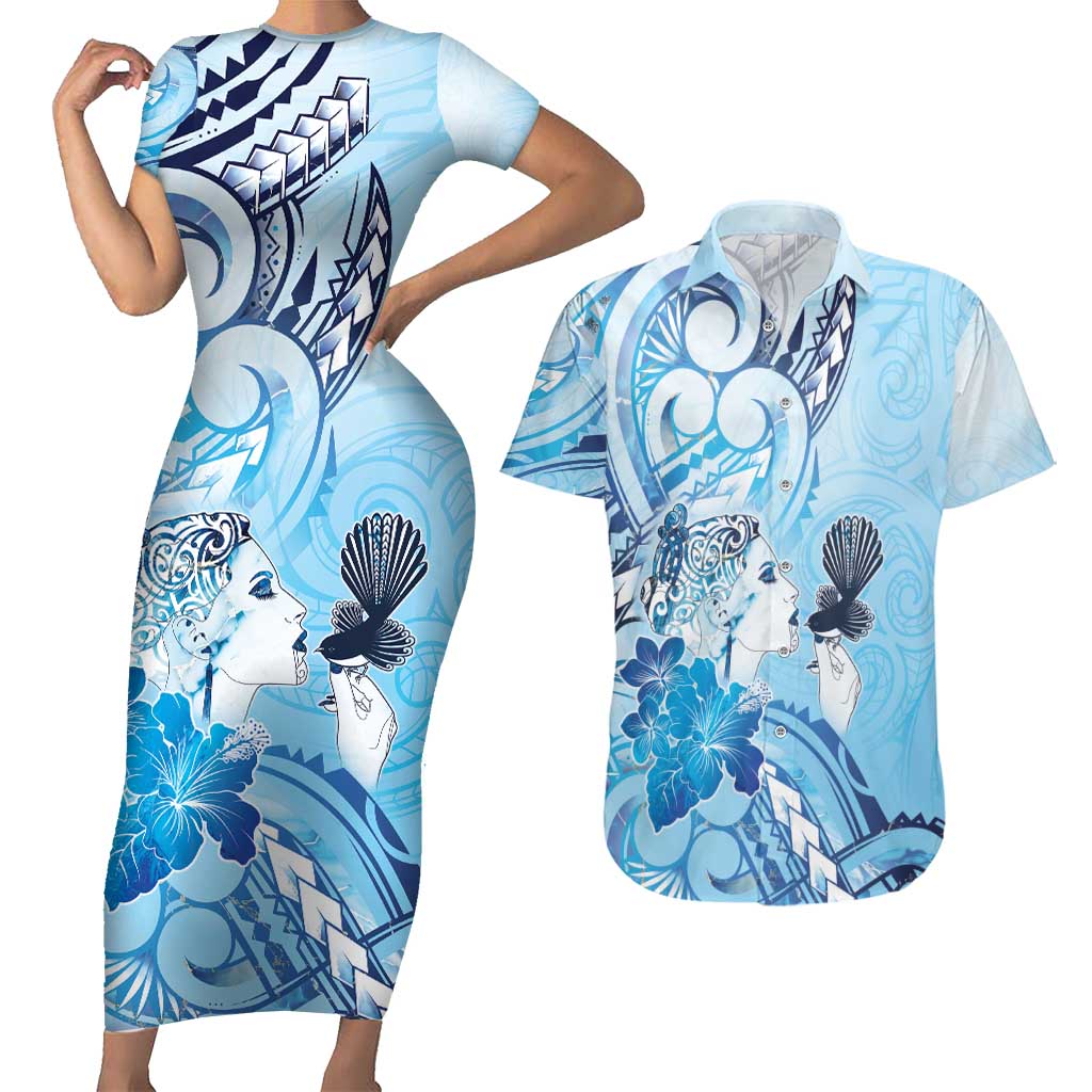 Aotearoa Maori Wahine Couples Matching Short Sleeve Bodycon Dress and Hawaiian Shirt Fantail Bird Blue Gold Marble