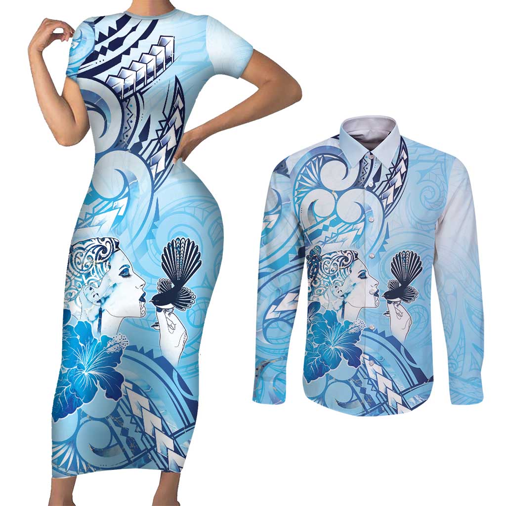 Aotearoa Maori Wahine Couples Matching Short Sleeve Bodycon Dress and Long Sleeve Button Shirt Fantail Bird Blue Gold Marble