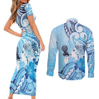 Aotearoa Maori Wahine Couples Matching Short Sleeve Bodycon Dress and Long Sleeve Button Shirt Fantail Bird Blue Gold Marble