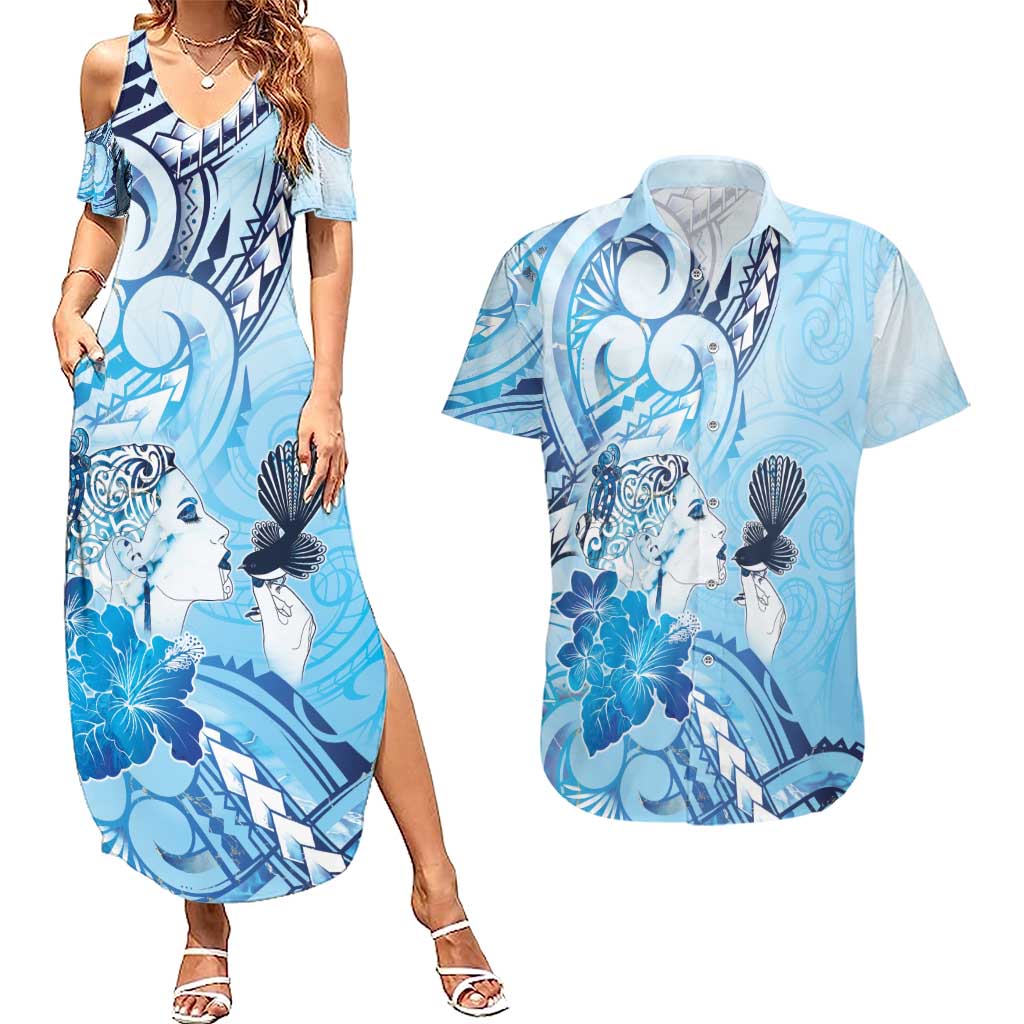 Aotearoa Maori Wahine Couples Matching Summer Maxi Dress and Hawaiian Shirt Fantail Bird Blue Gold Marble