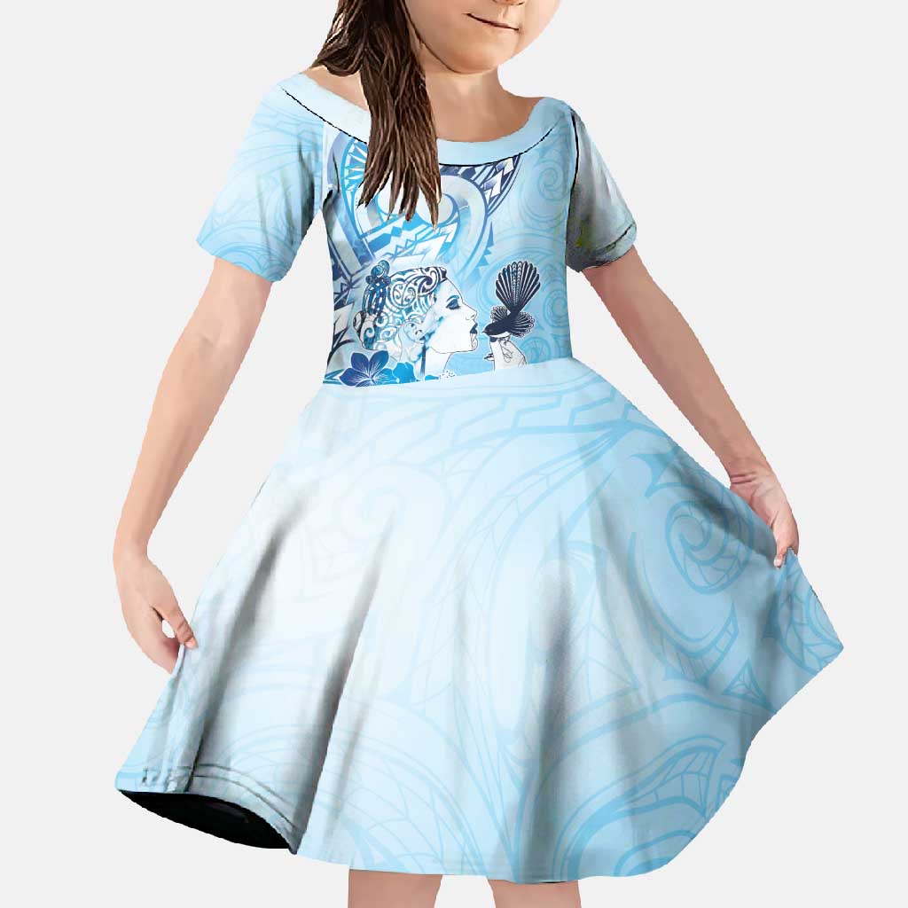 Aotearoa Maori Wahine Family Matching Off Shoulder Maxi Dress and Hawaiian Shirt Fantail Bird Blue Gold Marble LT05 Daughter's Dress Blue - Polynesian Pride