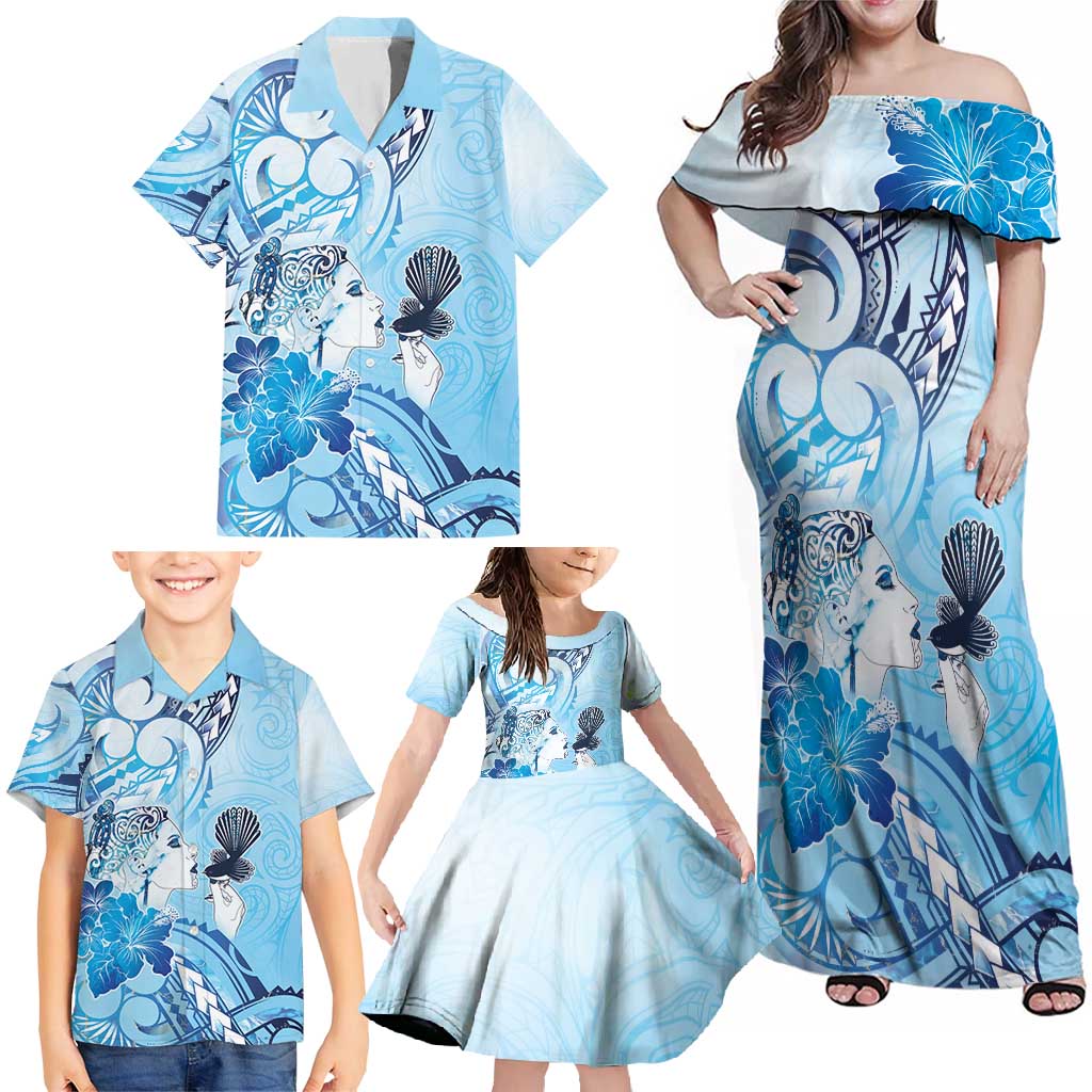 Aotearoa Maori Wahine Family Matching Off Shoulder Maxi Dress and Hawaiian Shirt Fantail Bird Blue Gold Marble