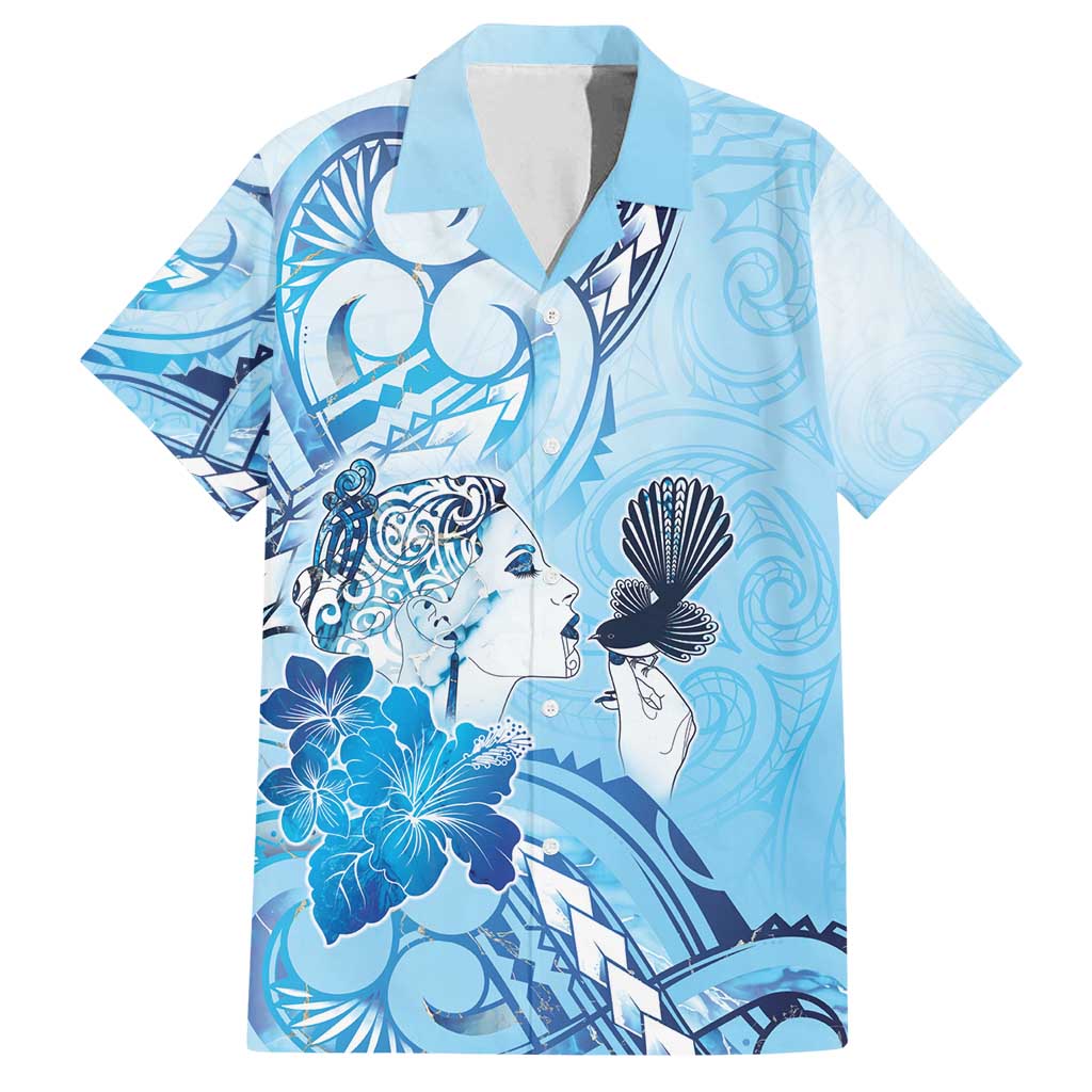 Aotearoa Maori Wahine Family Matching Off Shoulder Maxi Dress and Hawaiian Shirt Fantail Bird Blue Gold Marble LT05 Dad's Shirt - Short Sleeve Blue - Polynesian Pride