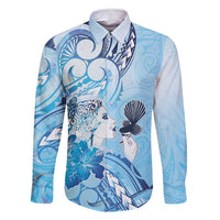 Aotearoa Maori Wahine Family Matching Off Shoulder Maxi Dress and Hawaiian Shirt Fantail Bird Blue Gold Marble LT05 Dad's Shirt - Long Sleeve Blue - Polynesian Pride