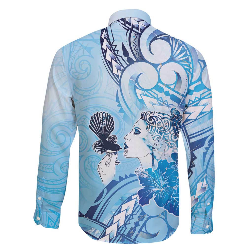 Aotearoa Maori Wahine Family Matching Off Shoulder Maxi Dress and Hawaiian Shirt Fantail Bird Blue Gold Marble LT05 - Polynesian Pride