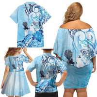 Aotearoa Maori Wahine Family Matching Off Shoulder Short Dress and Hawaiian Shirt Fantail Bird Blue Gold Marble