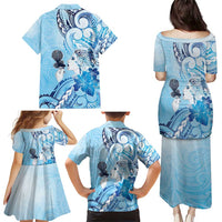 Aotearoa Maori Wahine Family Matching Puletasi and Hawaiian Shirt Fantail Bird Blue Gold Marble LT05 - Polynesian Pride