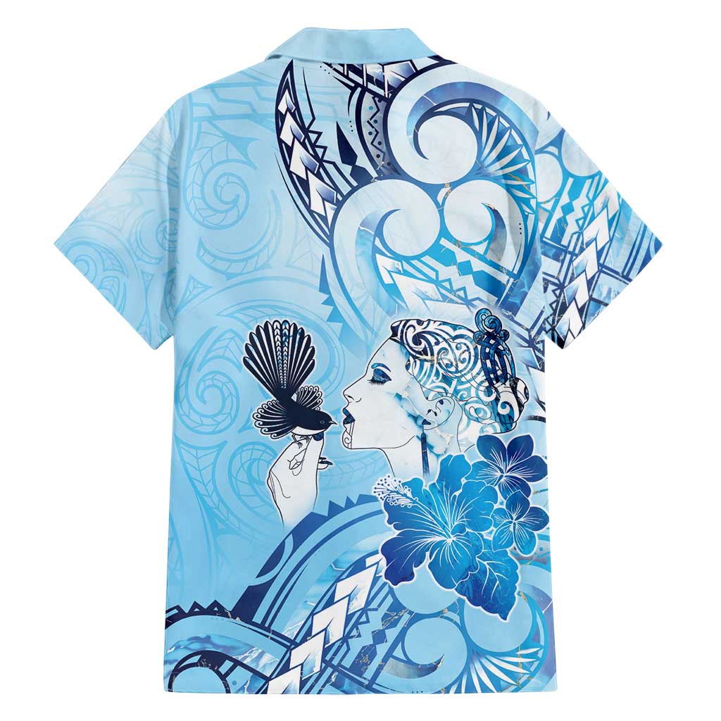 Aotearoa Maori Wahine Family Matching Puletasi and Hawaiian Shirt Fantail Bird Blue Gold Marble LT05 - Polynesian Pride