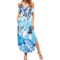 Aotearoa Maori Wahine Family Matching Summer Maxi Dress and Hawaiian Shirt Fantail Bird Blue Gold Marble LT05 Mom's Dress Blue - Polynesian Pride