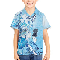 Aotearoa Maori Wahine Family Matching Summer Maxi Dress and Hawaiian Shirt Fantail Bird Blue Gold Marble LT05 Son's Shirt Blue - Polynesian Pride