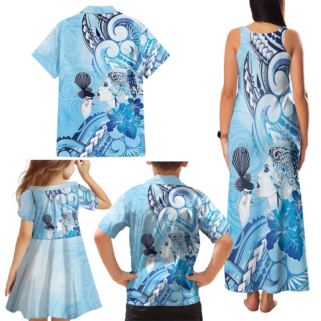 Aotearoa Maori Wahine Family Matching Tank Maxi Dress and Hawaiian Shirt Fantail Bird Blue Gold Marble LT05 - Polynesian Pride