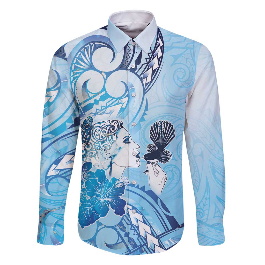 Aotearoa Maori Wahine Family Matching Tank Maxi Dress and Hawaiian Shirt Fantail Bird Blue Gold Marble LT05 Dad's Shirt - Long Sleeve Blue - Polynesian Pride