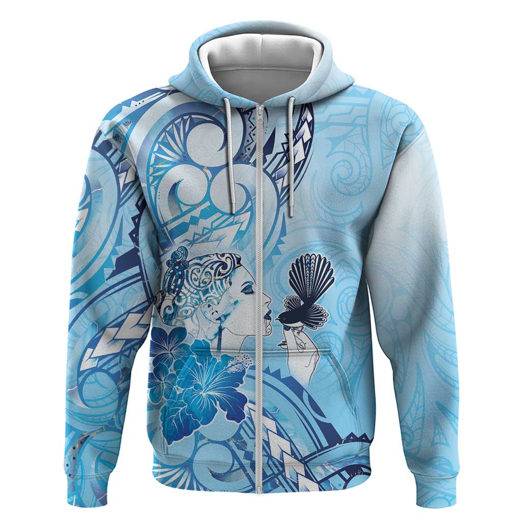 Aotearoa Maori Wahine Hoodie Fantail Bird Blue Gold Marble