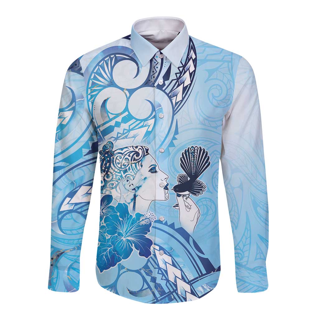 Aotearoa Maori Wahine Long Sleeve Button Shirt Fantail Bird Blue Gold Marble