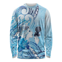 Aotearoa Maori Wahine Long Sleeve Shirt Fantail Bird Blue Gold Marble LT05 Unisex Blue - Polynesian Pride