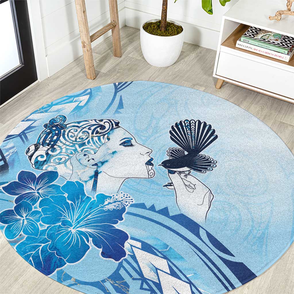 Aotearoa Maori Wahine Round Carpet Fantail Bird Blue Gold Marble