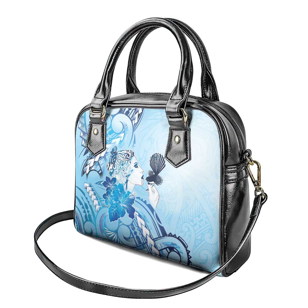 Aotearoa Maori Wahine Shoulder Handbag Fantail Bird Blue Gold Marble