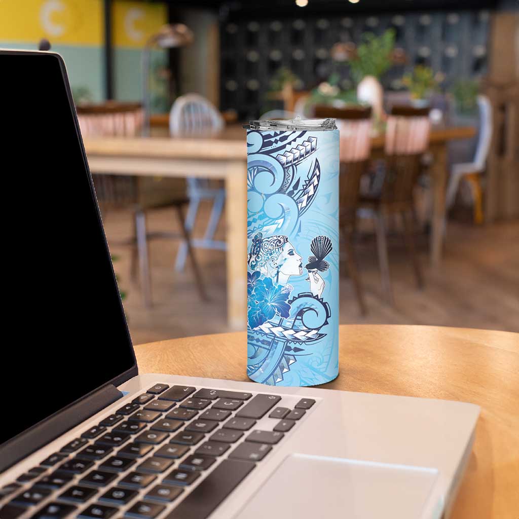 Aotearoa Maori Wahine Skinny Tumbler Fantail Bird Blue Gold Marble