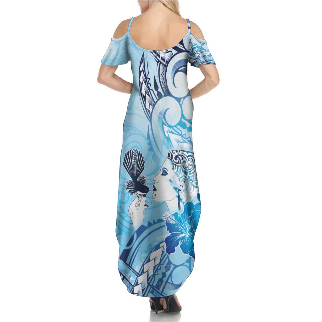 Aotearoa Maori Wahine Summer Maxi Dress Fantail Bird Blue Gold Marble